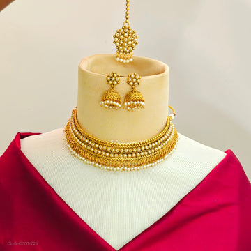 Gold finish Pearl choker necklace set