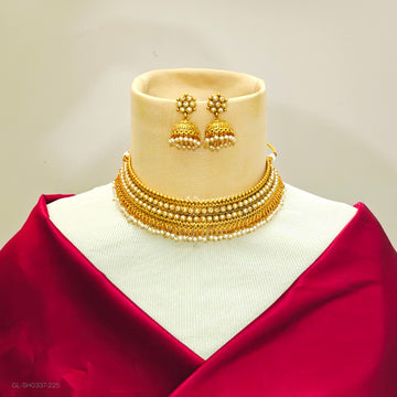Gold finish Pearl choker necklace set
