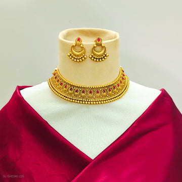 Gold finish Pink Stone choker necklace set