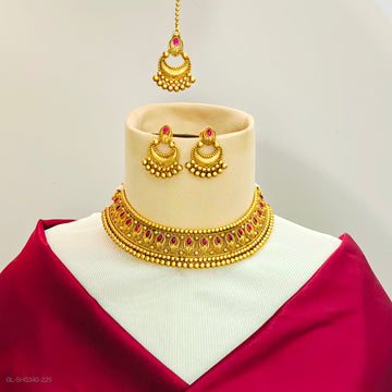 Gold finish Pink Stone choker necklace set