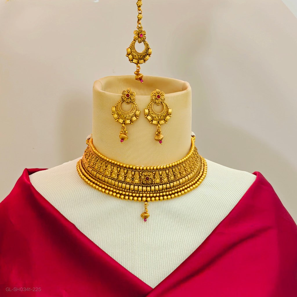 Gold finish Floral design choker necklace set