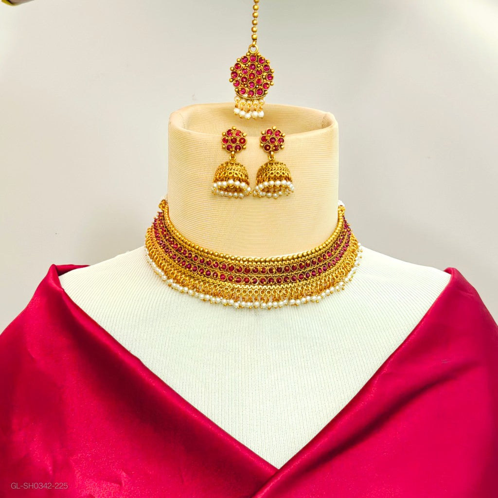Gold finish Ruby pearl chocker necklace set