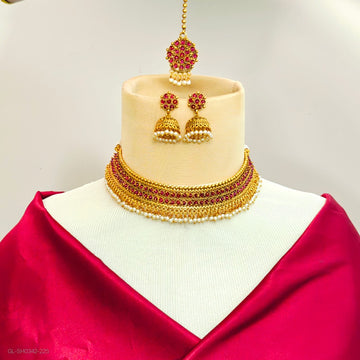 Gold finish Ruby pearl chocker necklace set