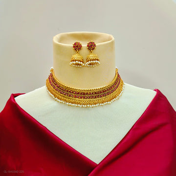 Gold finish Ruby pearl chocker necklace set