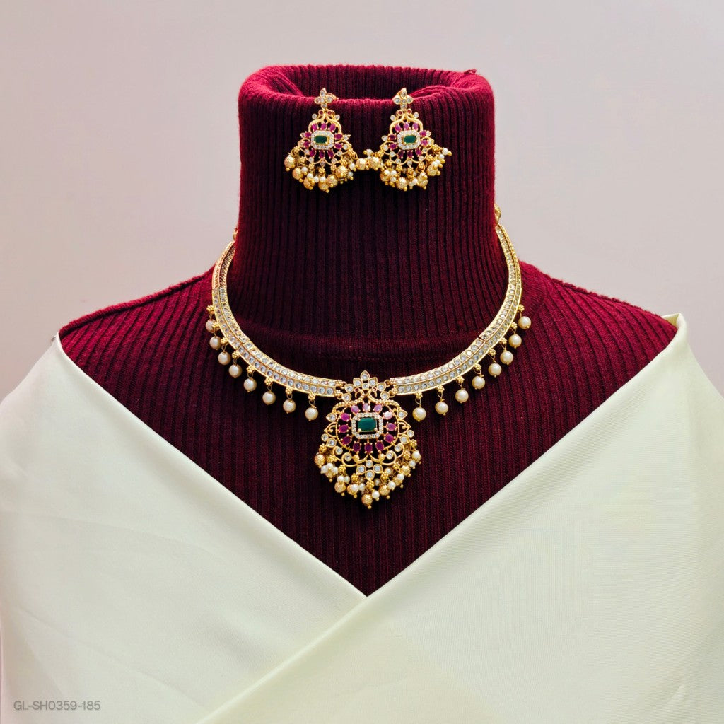 Gold finish Ruby Emerald stone pearled choker