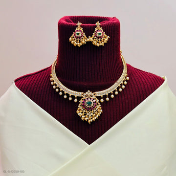 Gold finish Ruby Emerald stone pearled choker