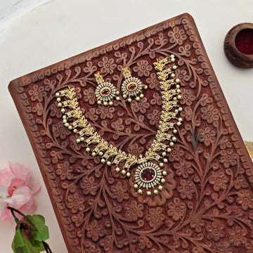 Elegant gold-plated necklace set-green Ruby -pearl
