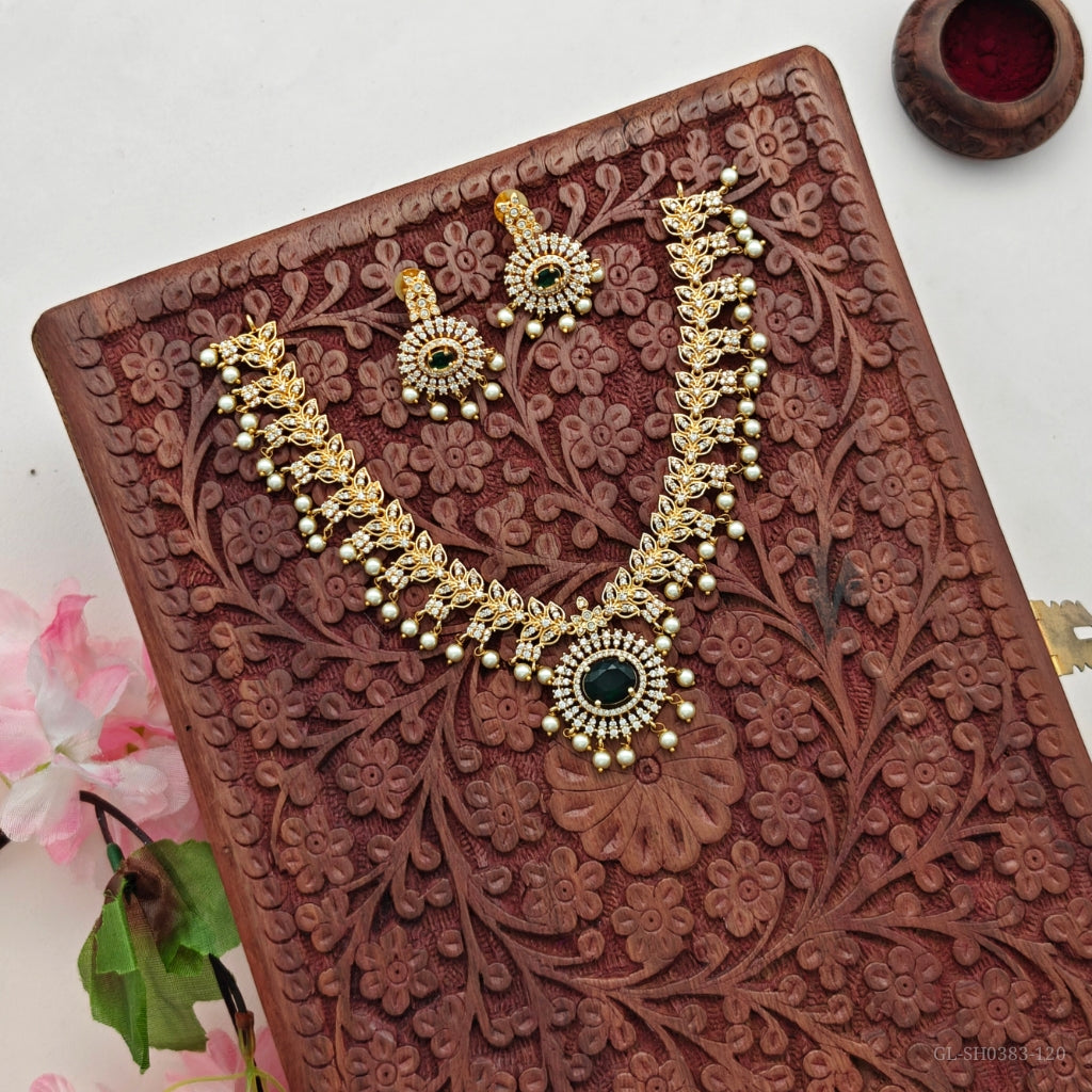 Elegant gold-plated necklace set-green Ruby -pearl