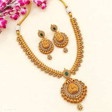 Gold Plated Kemp Stone Lakshmi Pendant Necklace Set