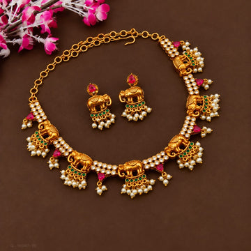 Gold Plated Elephant Kemp Pearl Necklace Set