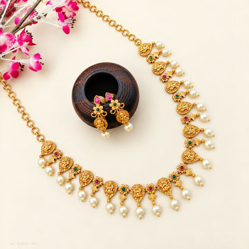 Gold Temple Design Pearl Drop Necklace Set