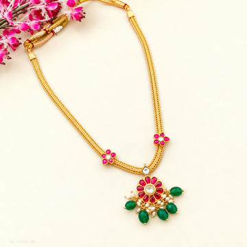 Gold Plated Ruby Green Stone Floral Pendant Necklace