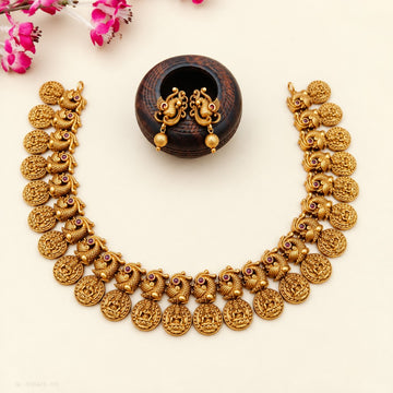 Gold Plated Lakshmi Coin Peacock Necklace Set