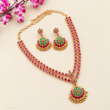 Double Layer Ruby and Green Stone Necklace Set
