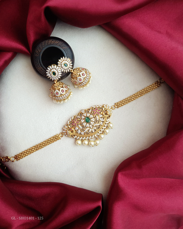 Gold finish Ruby & Emerald Stone short necklace - GL-SHO1401-125