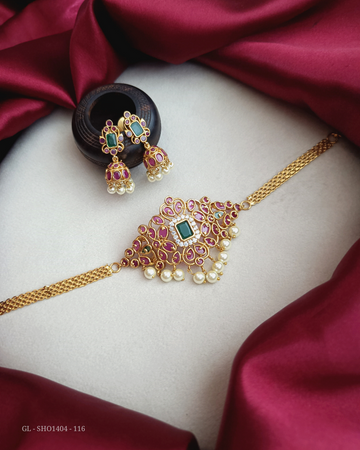 Gold finish Ruby & Emerald short necklace - GL-SHO1404-116