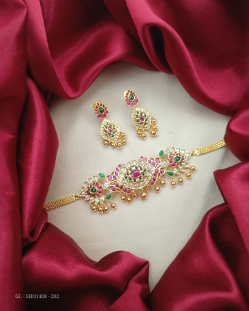 Gold finish Ruby & Emerald short necklace - GL-SHO1408-202