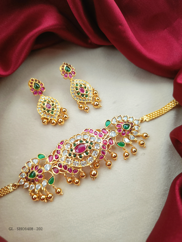 Gold finish Ruby & Emerald short necklace - GL-SHO1408-202