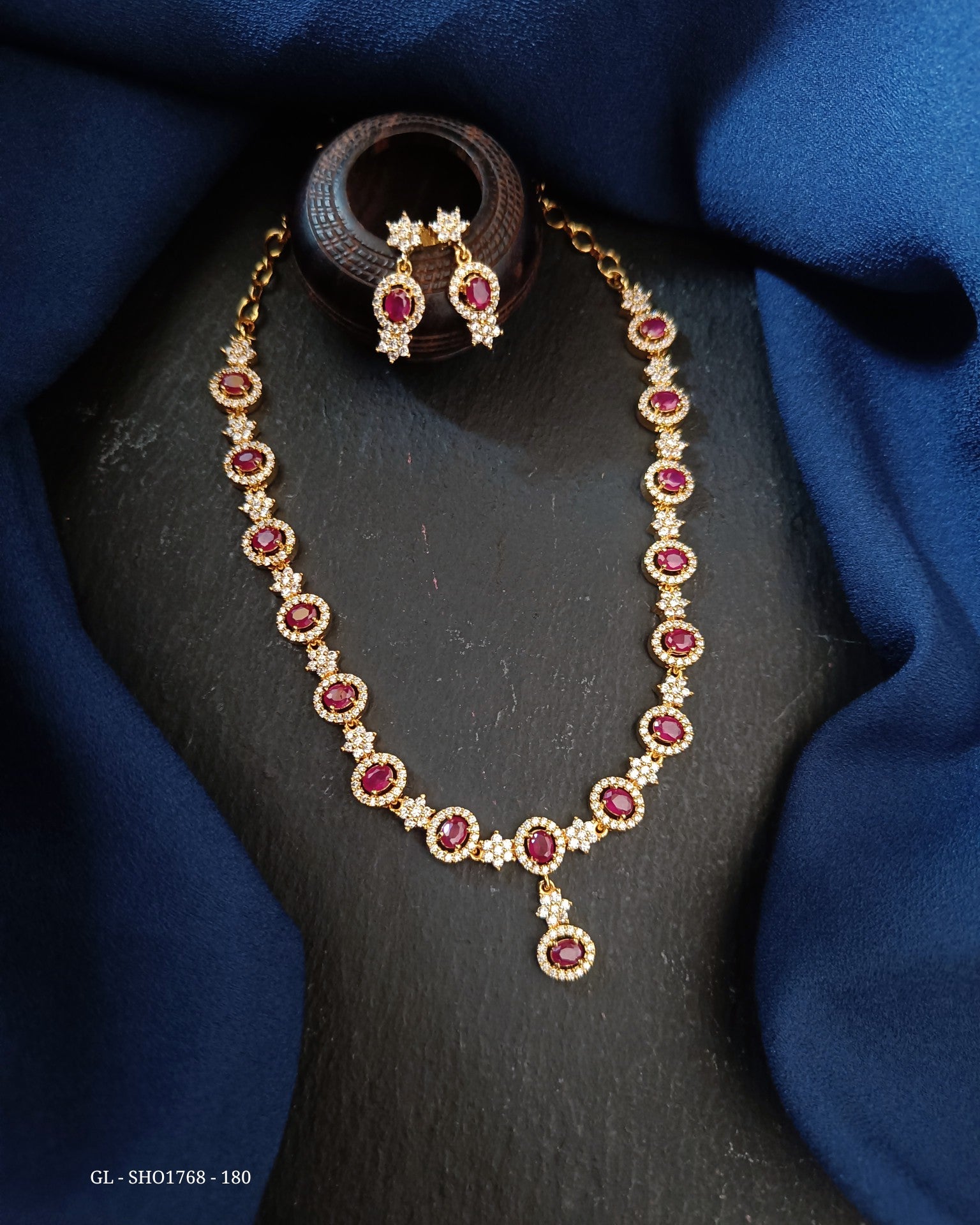 Gold Plated Necklace set - American Diamond & Ruby stone GL-SHO1768-180