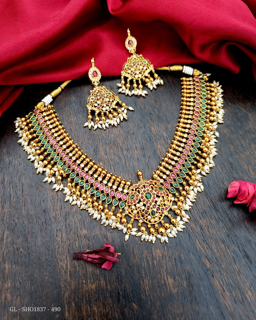 Ruby Red & Green Short Necklace Set : GL-SHO1837-490