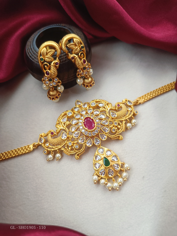 Gold finish Peacock design Ruby and Emerald short necklace - GL-SHO1905-110