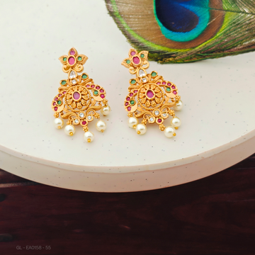 Gold plated-Red-Green-stone-Floral-pearl- Studs