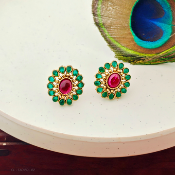 Gold plated-Ruby-Green-stone-Floral-pearl- Studs