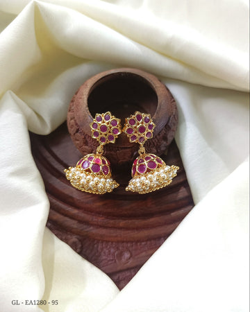 Gold Finish Ruby Studded Floral Jhumkas GL-EA1280-95