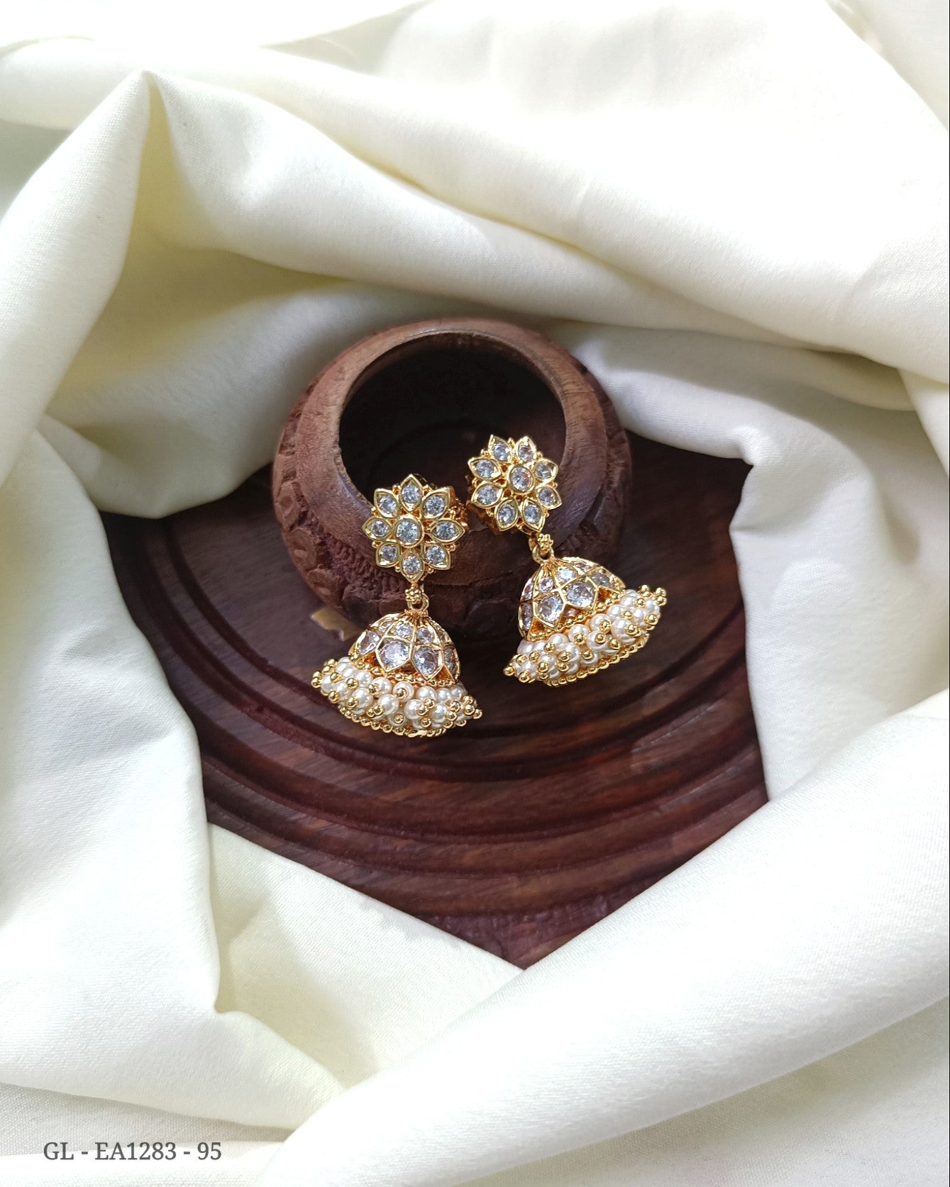 Gold Finish CZ White Stones Studded Floral Jhumkas GL-EA1283-95