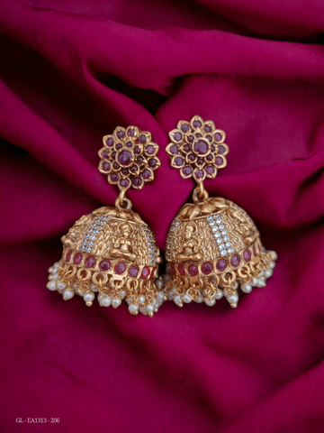 Gold Finish AD Ruby Floral Stud Temple Jhumkas GL-EA1313-206