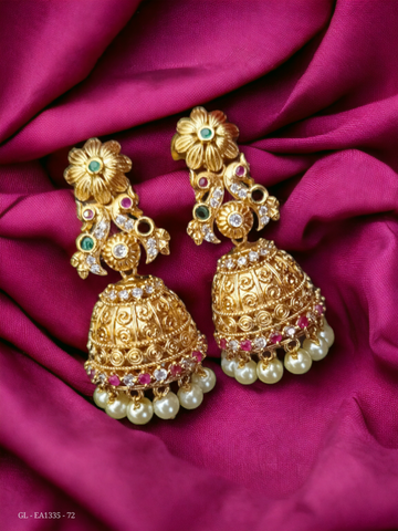 Gold Finish AD Ruby Emerald Peacock Floral Jhumkas GL-EA1335-72
