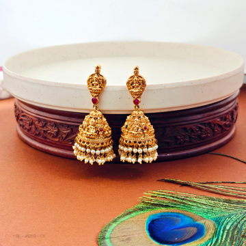 Gold finish-Lakshmi-peacock-Emerald-Ruby-Stone-design-pearl-jhumka