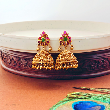 Gold finish-Emerald-pink-Stone-peacock-design-jhumkas