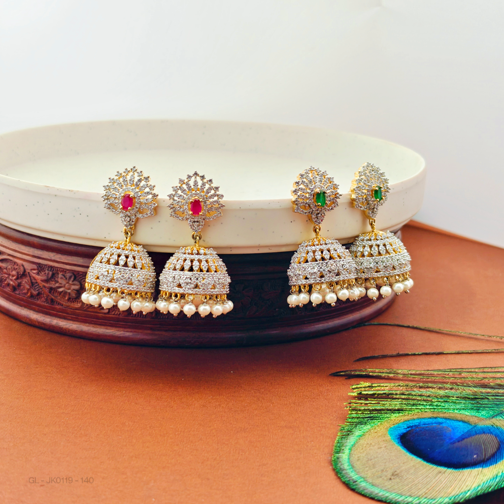 Gold finish-AD-Ruby-Emerald-Stone-pearl-jhumkas