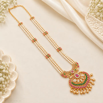Gold Plated Ruby Emerald pearl Long Haram - Design 4