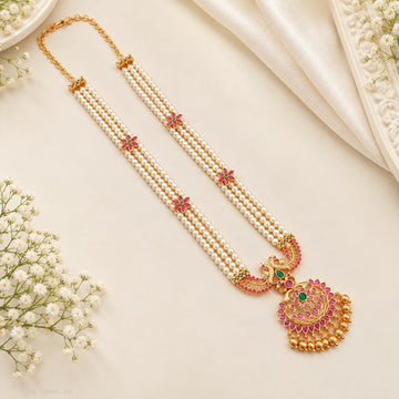 Gold Plated Ruby Emerald Pearl Long Haram - Design 1