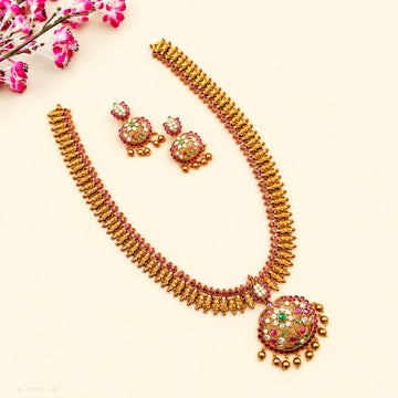 Gold Plated Ruby Emerald Long Necklace Haram set