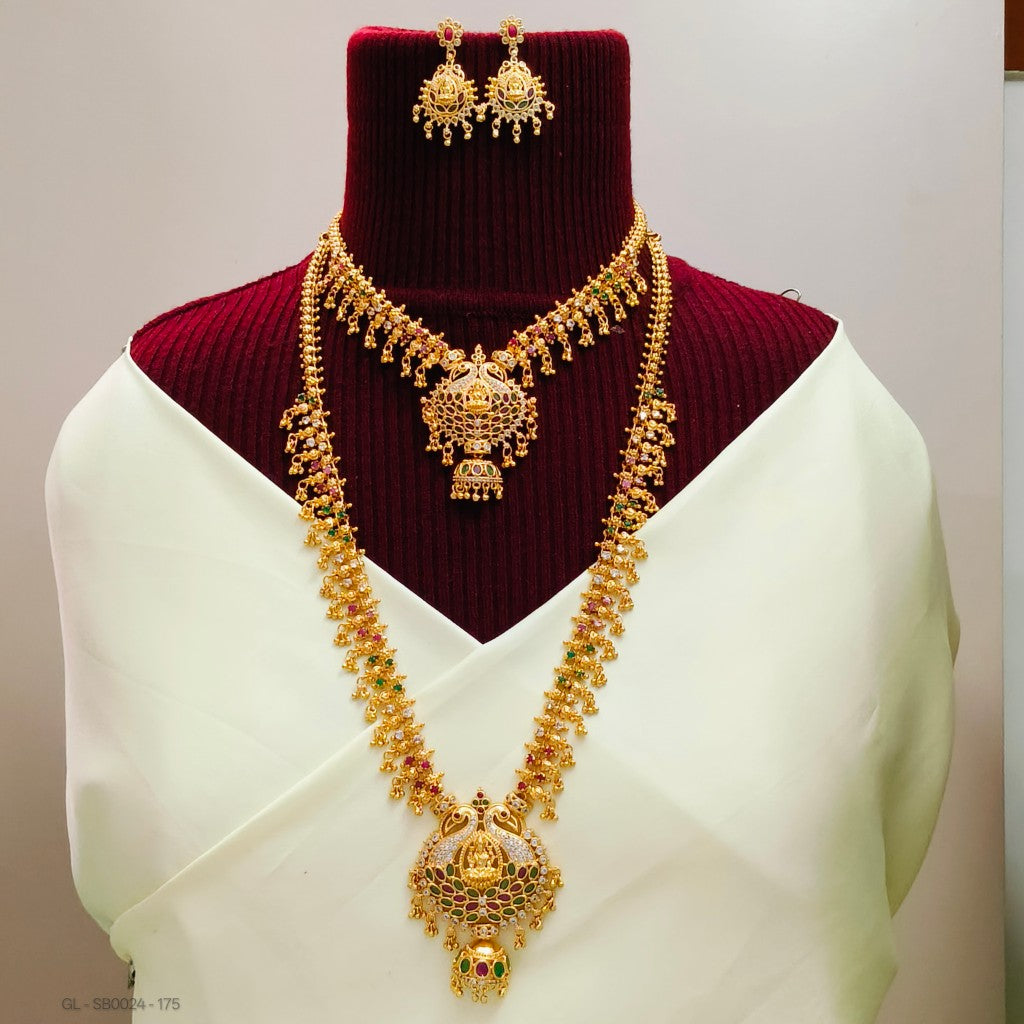 Premium Lakshmi peacock design-Ruby Emerald stones Combo Set