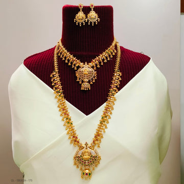 Premium Lakshmi peacock design-Ruby Emerald stones Combo Set
