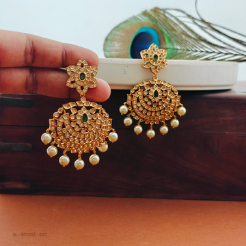 Gold plated-Emerald-stone-Floral-pearl- Studs