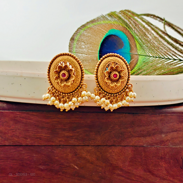 Gold plated-Ruby-stone-Floral-pearl- Studs