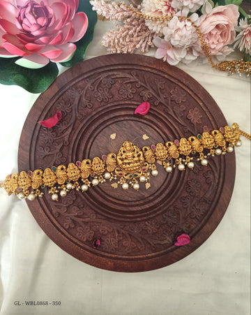 Antique Lakshmi Pattern pink and green stone Pearl dropping Waist Belt GL-WBL0868-350