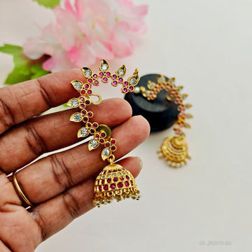Kempu stone jhumka earrings with ear cuff