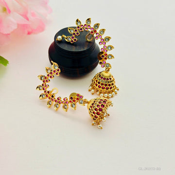 Kempu stone jhumka earrings with ear cuff
