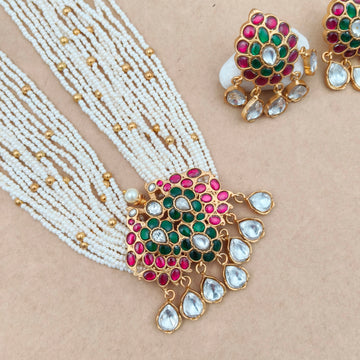 Jadau Kundan Ruby Emerald stone pearl necklace
