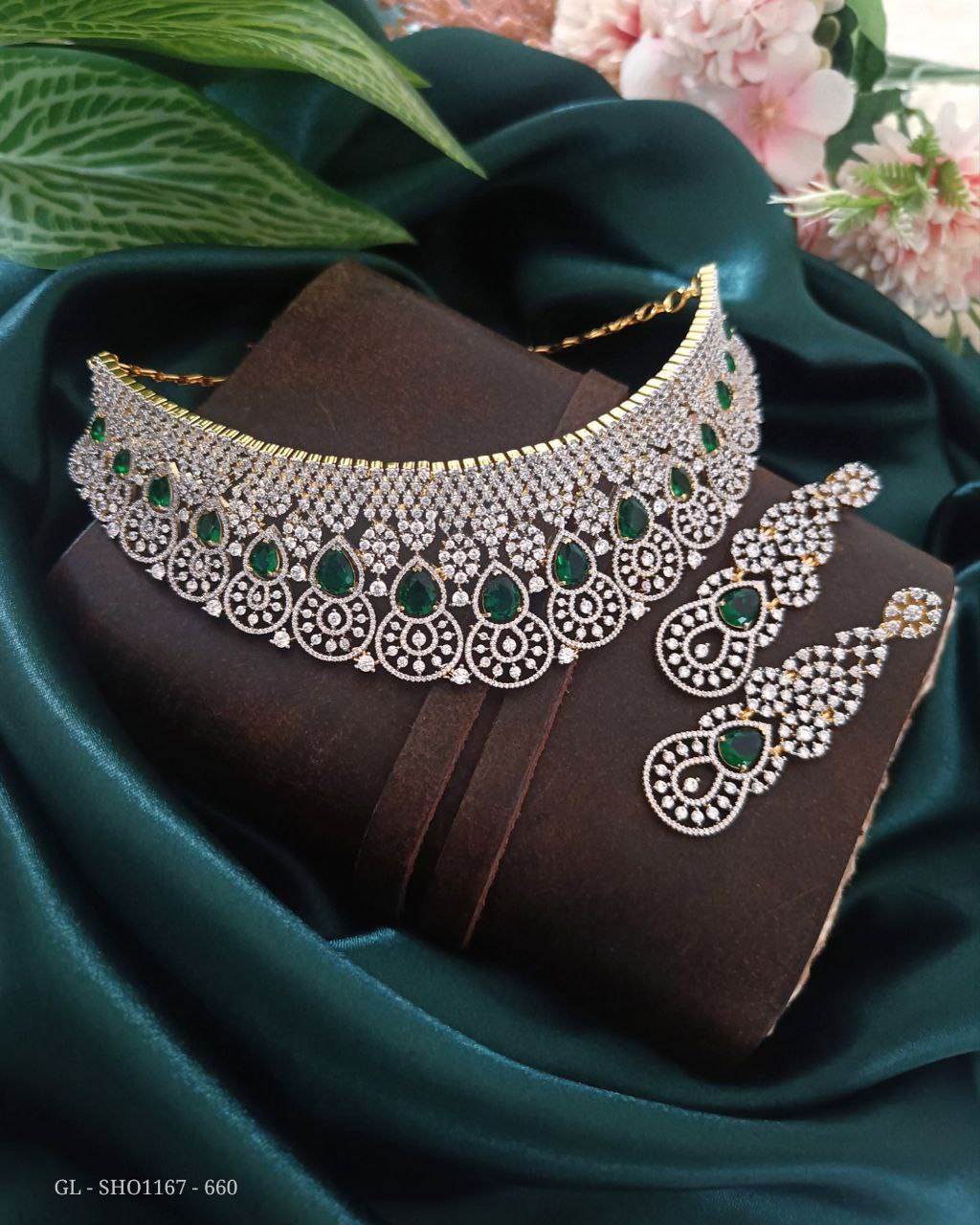 Gold Finsih AD Stones - Emerald Green Stones Alligned Floral Grand Necklace includes Beautiful Earrings