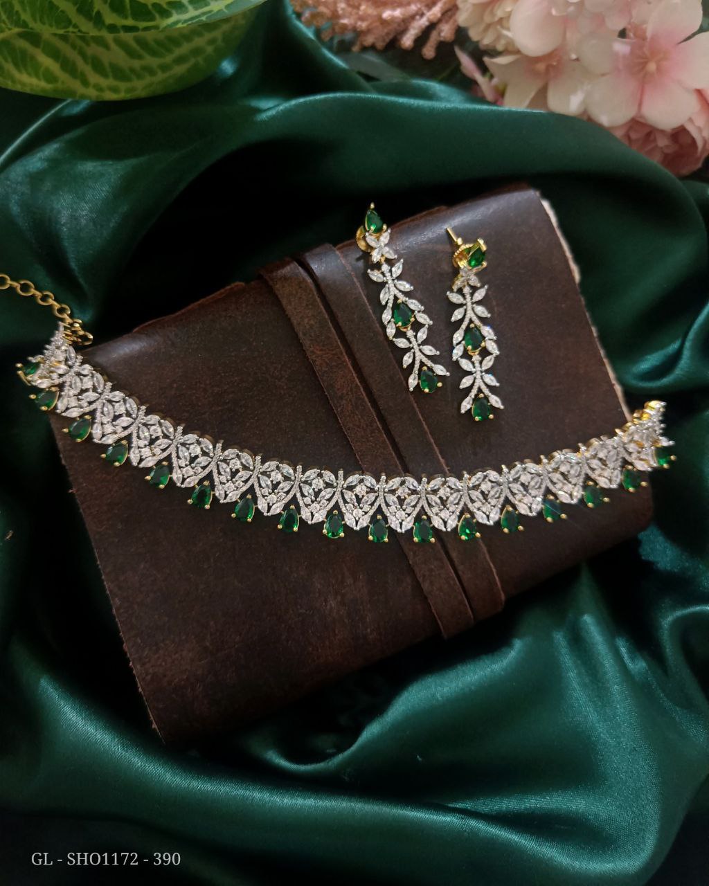Gold Finish AD Emerald Leaf Pattern Short Necklace set