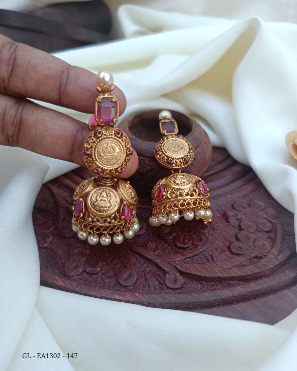 Antique Gold Finish Ruby Centered Temple Jhumkas GL-EA1302-147