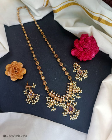 Gold Finish Balls Alligned CZ ruby Centered Polki Beads Long Necklace Set GL-LON1294-156