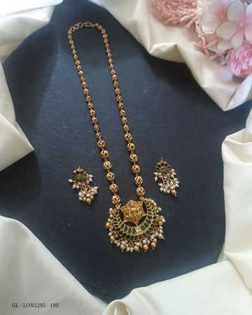 Golden Balls Alligned Emerald Green Chanbali Long Necklace Set GL-LON1295-190